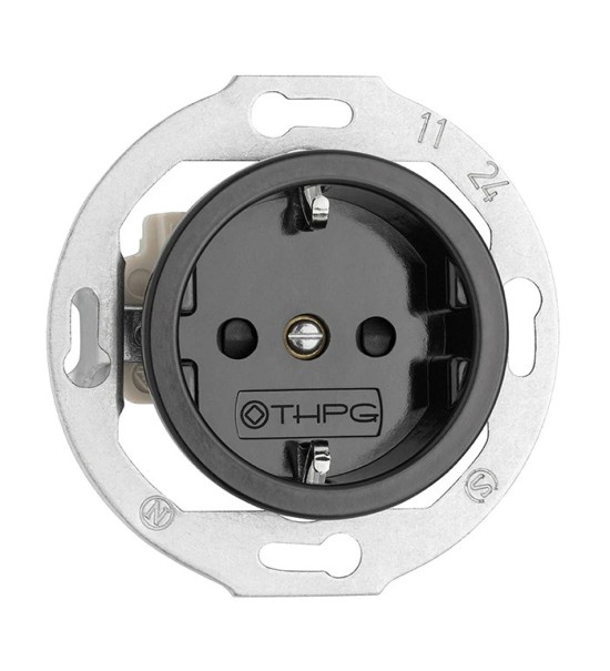 THPG 174025 Gniazdo z uziemieniem Schuko z przesłonami torów do ramek porcelana czarna