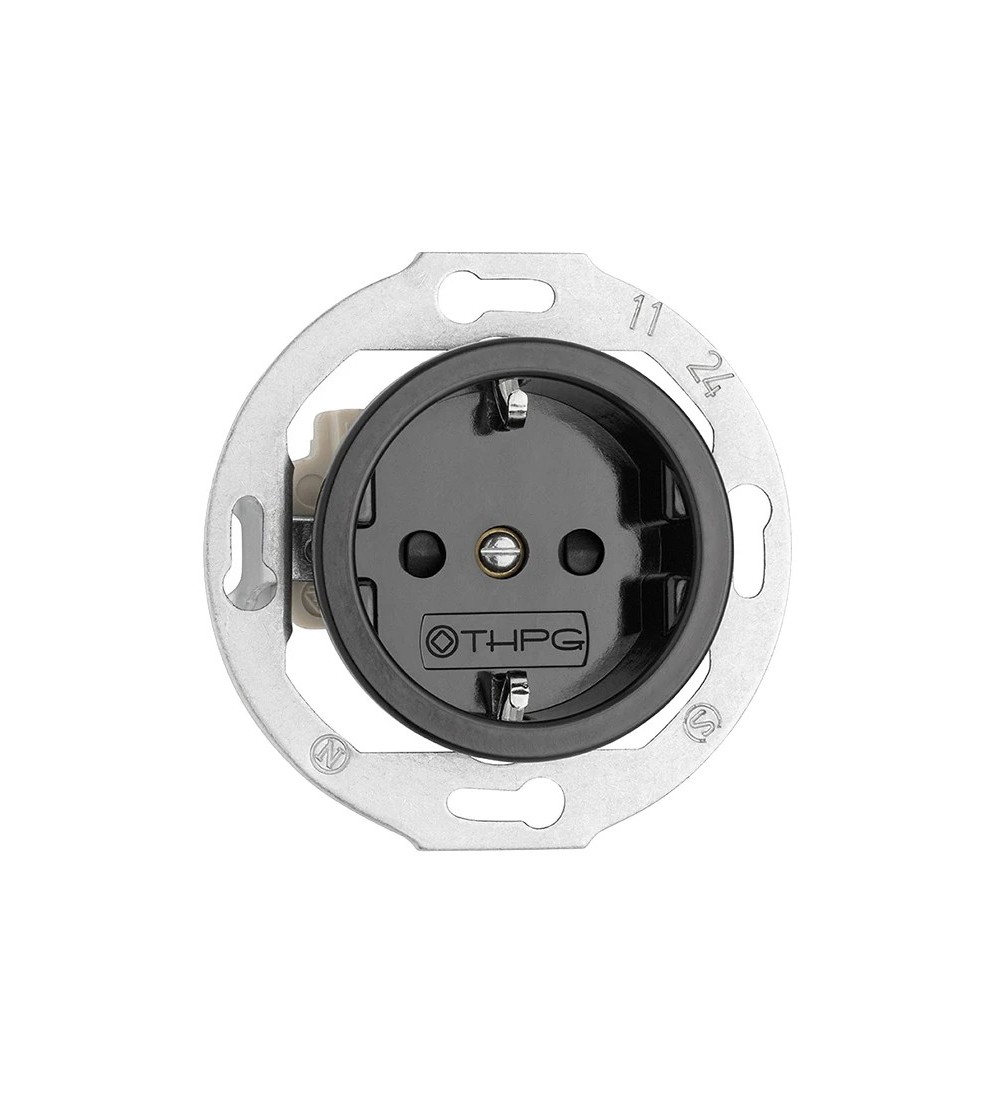 THPG 174025 Gniazdo z uziemieniem Schuko z przesłonami torów do ramek porcelana czarna