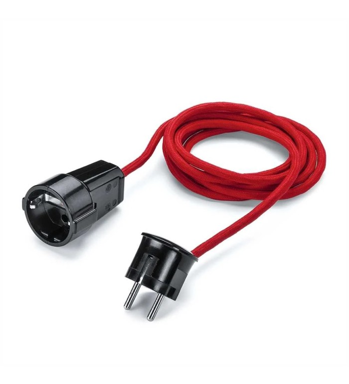 THPG 100857 Przedłużacz z wtyczką kątową i gniazdem, duroplast czarny, 2,5 m kabel w oplocie czerwony
