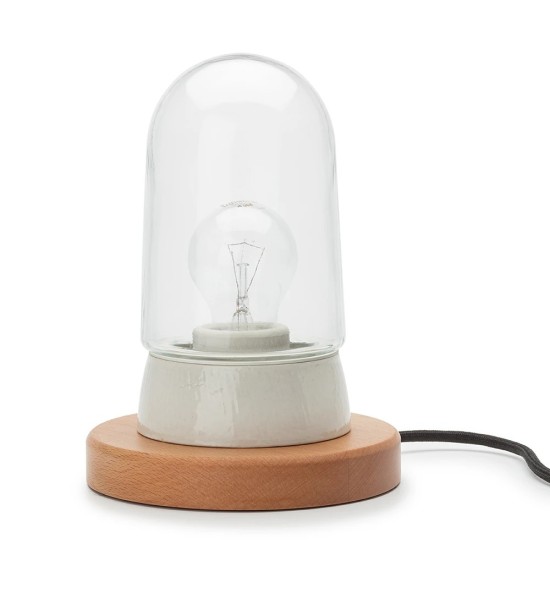 THPG 101851 Lampa cokołowa, porcelana biała, drewno bukowe, z kloszem długim przezroczystym