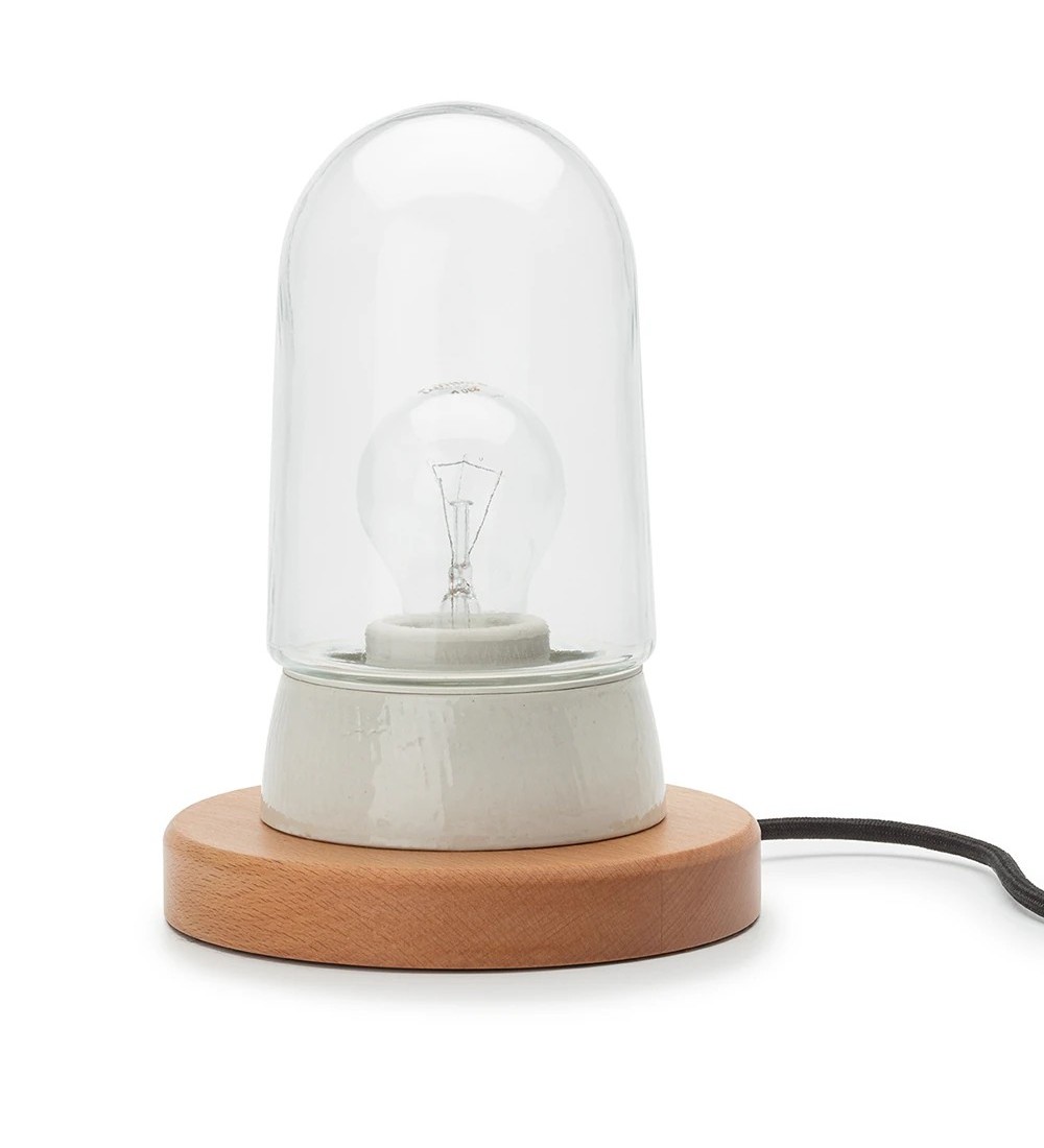 THPG 101851 Lampa cokołowa, porcelana biała, drewno bukowe, z kloszem długim przezroczystym