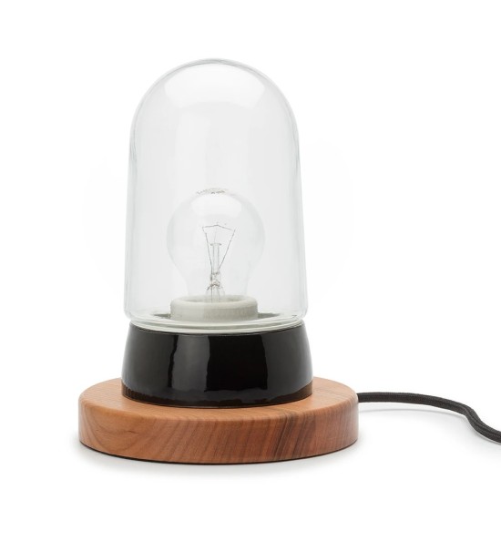 THPG 101864 Lampa cokołowa, porcelana czarna, drewno wiśniowe, z kloszem długim przezroczystym