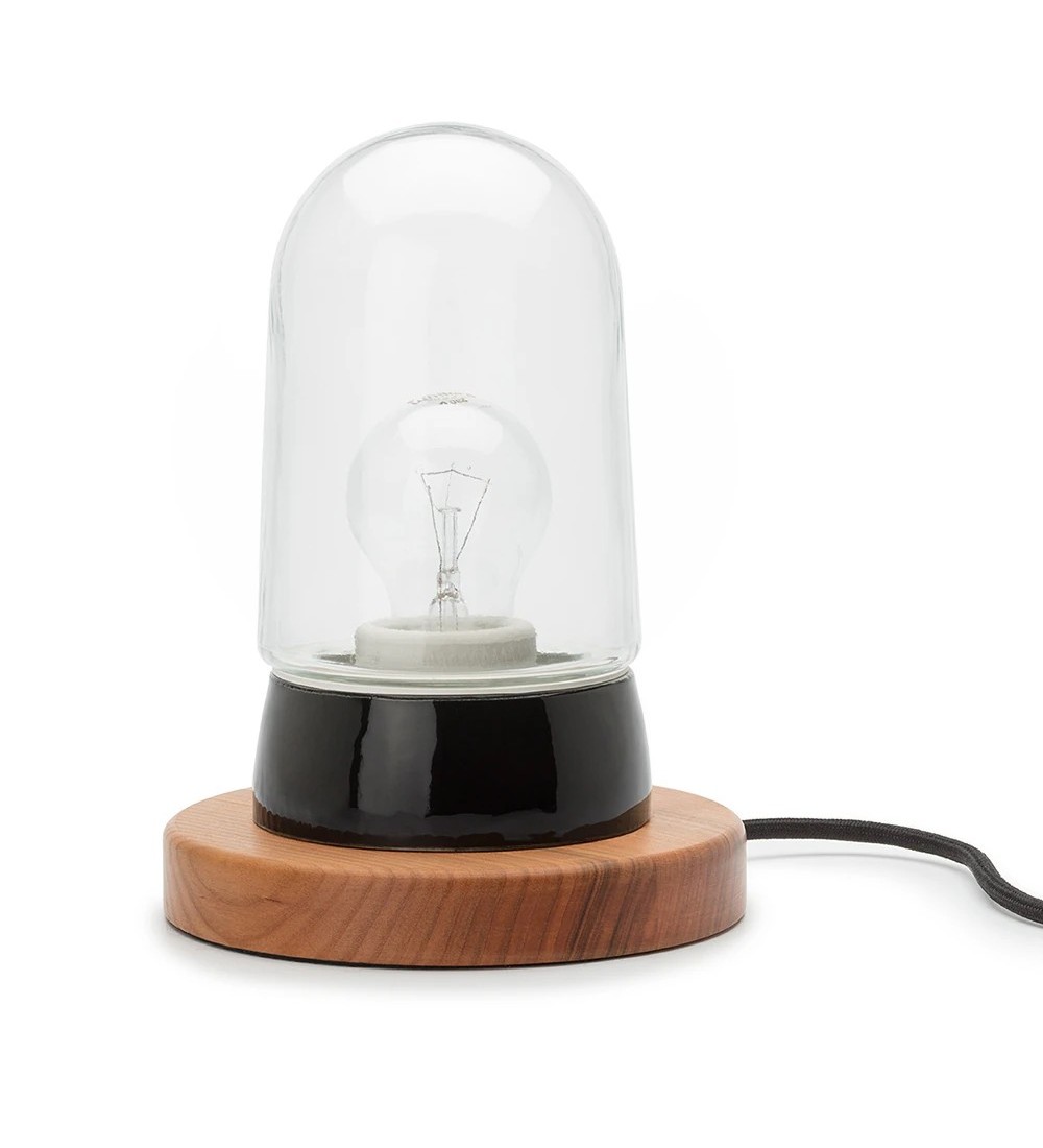 THPG 101864 Lampa cokołowa, porcelana czarna, drewno wiśniowe, z kloszem długim przezroczystym